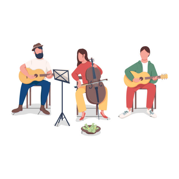 음악 플랫 컬러 벡터 얼굴없는 캐릭터를 연주하는 사람들 - street musician stock illustrations