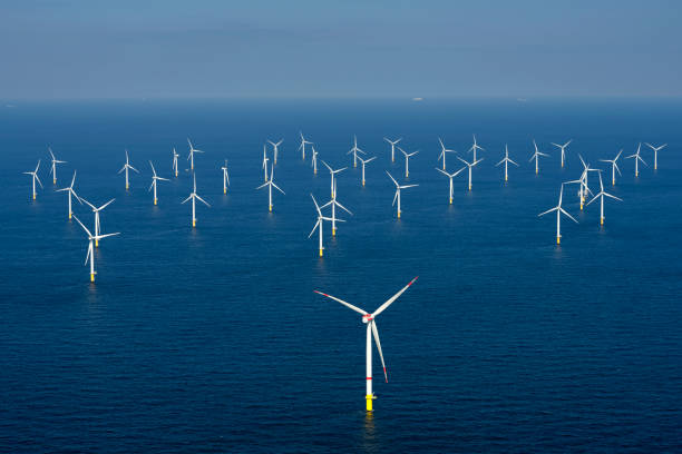 alternative energy. aerial view of offshore windmill park at sea. - sea wind turbine turbine wind imagens e fotografias de stock