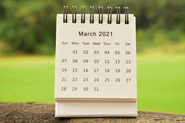 March 2021 calendar on top of big stone - 2021 new year concept March 2021 calendar on top of big stone - 2021 new year concept march month photos stock pictures, royalty-free photos & images