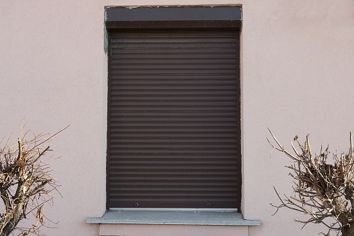 one large window closed with brown shutters on the concrete wall of a building on the street among dry branches of trees