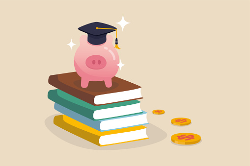 Education fund, collect money for school, college and university cost or student scholarship or loan concept, pink piggy bank wearing graduated hat on stack on school textbooks and dollar money coins.