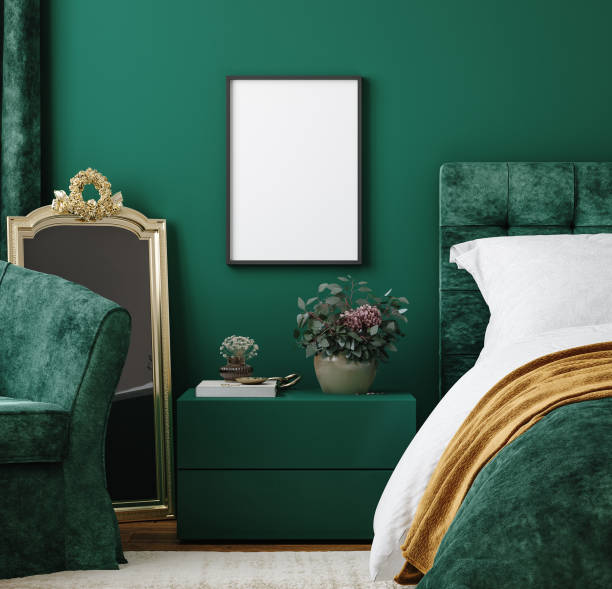 istock Mockup frame in dark green bedroom interior background 1295025509