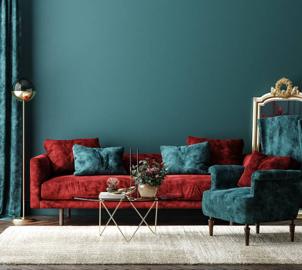 maquette intérieure à la maison avec le sofa rouge, la table et le décor dans le salon vert - green art frame retro revival photos et images de collection