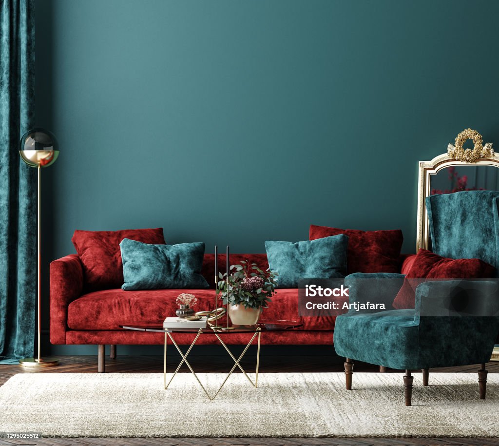 spijsvertering Dag Heer Home Interior Mockup With Red Sofa Table And Decor In Green Living Room  Stock Photo - Download Image Now - iStock