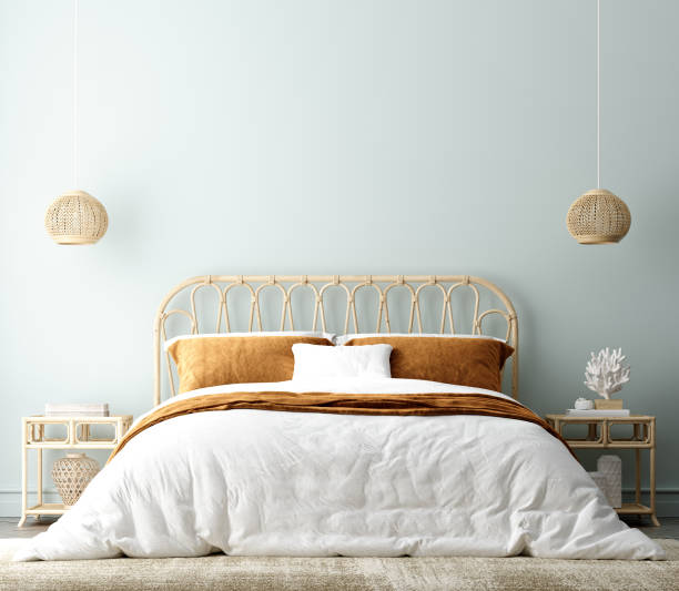 Coastal boho style bedroom interior background, wall mockup, 3d render
