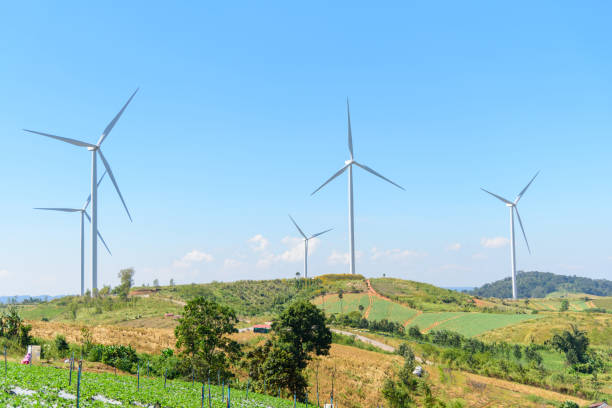 istock wind turbines park for make the electric power from wind in sunset time 1295026263