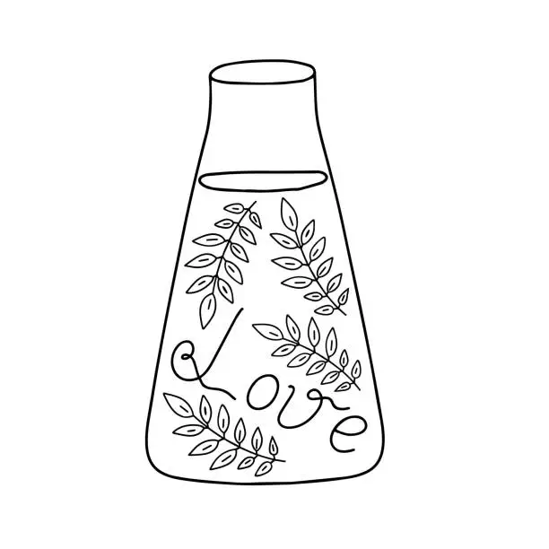 Vector illustration of Love potion bottle magic drink vector outline illustration, fiol for making magic, cooking a potion, simple doodle hand drawn image for St Valentine holiday decor, clipart, banners, romance