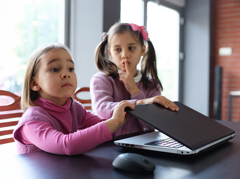 Child Girls Using Laptop Computer, Keeping Secret From Their Parents