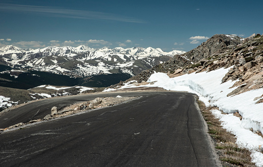 Mt. Evans, snow melting, narrow, road.
