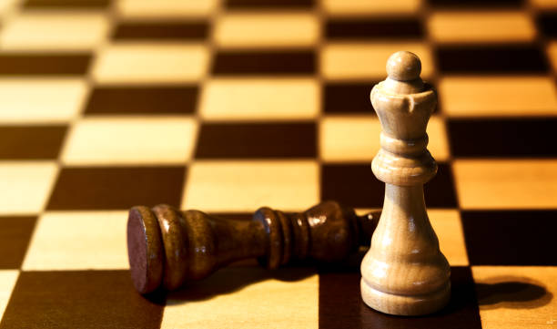 white queen stands on the chessboard in front of a defeated black king, selective focus - gameplan imagens e fotografias de stock