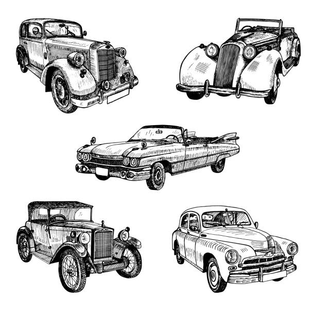 illustrations, cliparts, dessins animés et icônes de les vieilles voitures rétro de vieille timer dessinées à la main ont placé le croquis de doodle - voiture ancienne