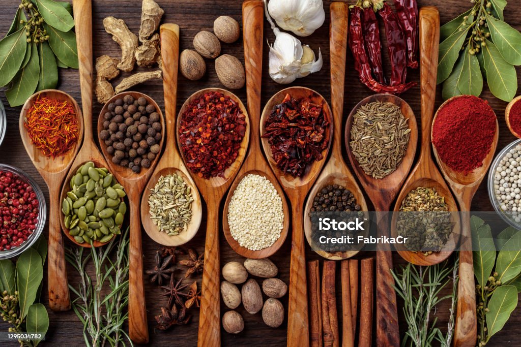Background of variety of different vivid spices in wooden spoons Background of variety of different vivid spices in wooden spoons, view from above Spice Stock Photo