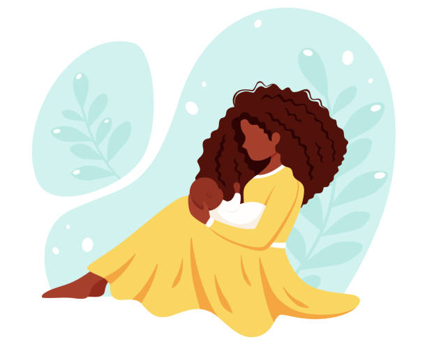 ilustraciones, imágenes clip art, dibujos animados e iconos de stock de mujer negra sentada con bebé. maternidad, concepto de crianza. día de la madre. ilustración vectorial. - holding baby illustrations