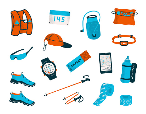 Set of trail running equipment and accessories. Color vector illustration of smartwatch, water bottle, clothes, etc.