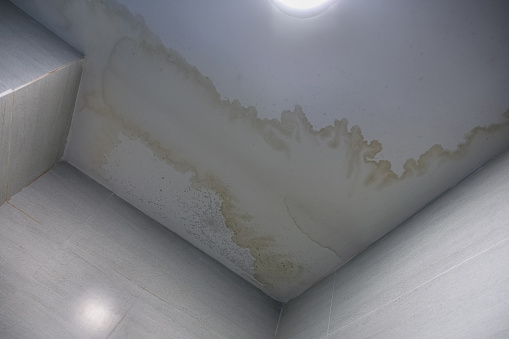 Water stain on the home ceiling.  Concept of condensation, damp, water infiltration, high humidity and respiratory problems.