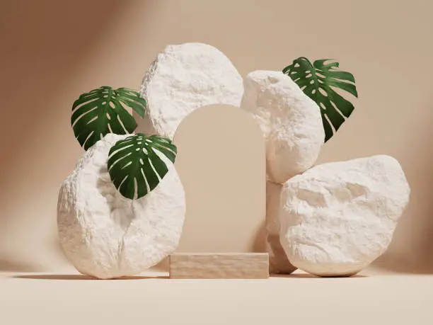 Photo of 3D podium display with rock and wood beige background. Green monstera palm leaf and stone. Wooden Pedestal stand for beauty, cosmetic, product promotion. Exotic nature, jungle abstract 3D render