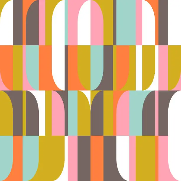 Vector illustration of Mid-century geometric abstract vector seamless pattern with simple shapes and retro color palette. Simple composition for web design, branding, invitations, posters, textile and wallpaper.