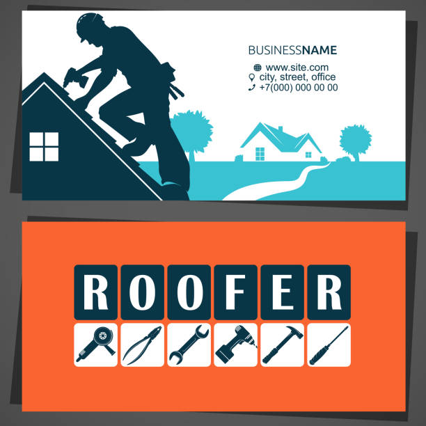 dachdecker mit werkzeug auf dem dach visitenkarte - men on roof stock-grafiken, -clipart, -cartoons und -symbole