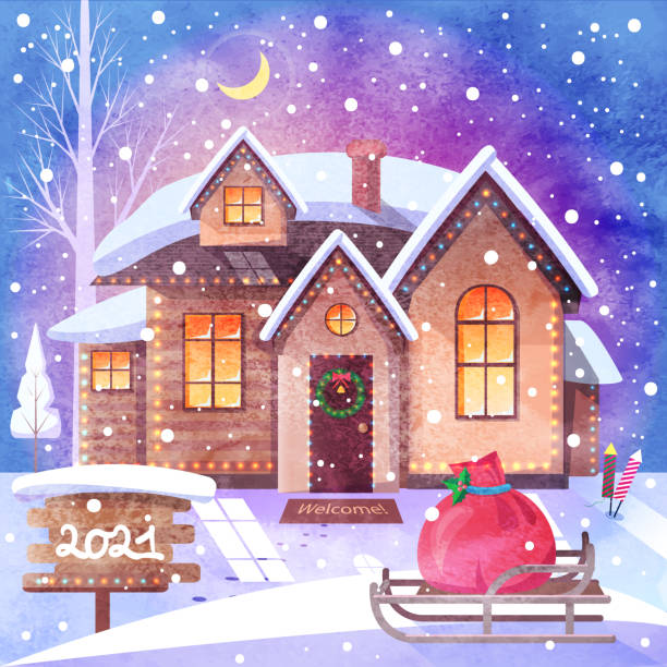 istock Holiday greeting card, house, gifts, Christmas tree5 1295041998