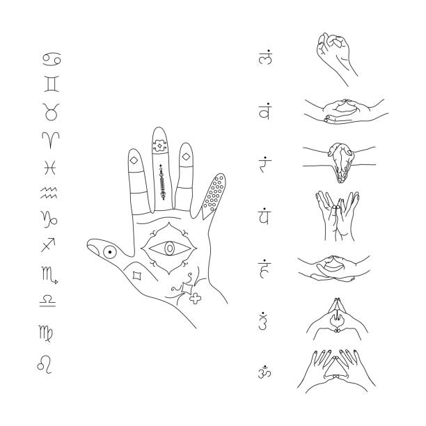 illustrazioni stock, clip art, cartoni animati e icone di tendenza di mudras per lo yoga e la meditazione. jyotisha o astrologia indù. segni e simboli vedici. palmistry indiano. zodiaci per oroscopo personale. gesti delle mani. - religious icon interface icons globe symbol