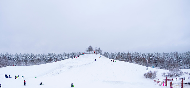 Winter fun. Children slide down the mountain on a sled. Weekend in Finland.