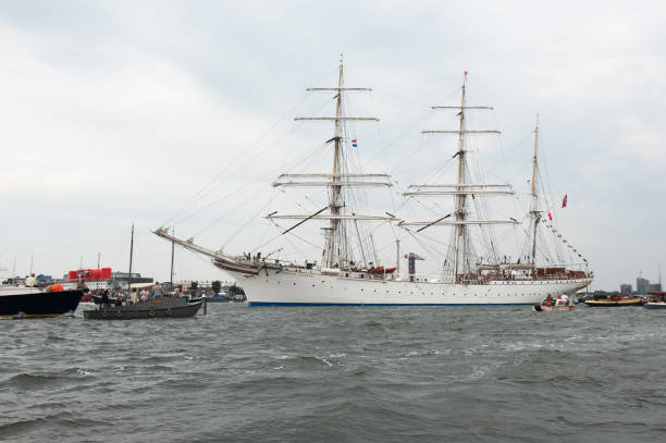 One of the guests at the Sail Amsterdam event is  the Norwegian vessel Statsraad Lehmkuhl. The 3-masted steel bark, built by Johann C. Tecklenborg AG in Bremerhaven-Geestemünde in 1914 served at first as a training ship for the German merchant marine.
