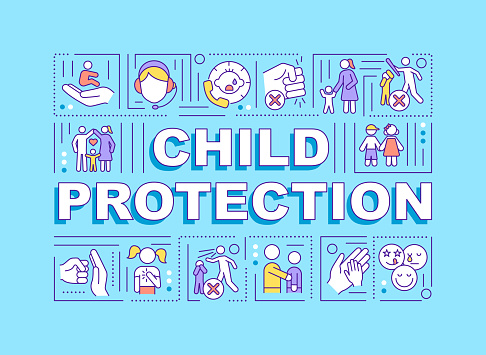 Child protection word concepts banner. Save kids from domestic violence. Infographics with linear icons on turquoise background. Isolated typography. Vector outline RGB color illustration