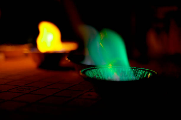 chemical experiment with fire. multi-colored flames in the dark.