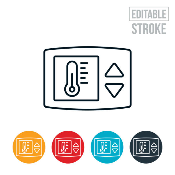 Thermostat Thin Line Icon - Editable Stroke An icon of a thermostat with a thermometer on the screen. The icon includes editable strokes or outlines using the EPS vector file. thermostat stock illustrations