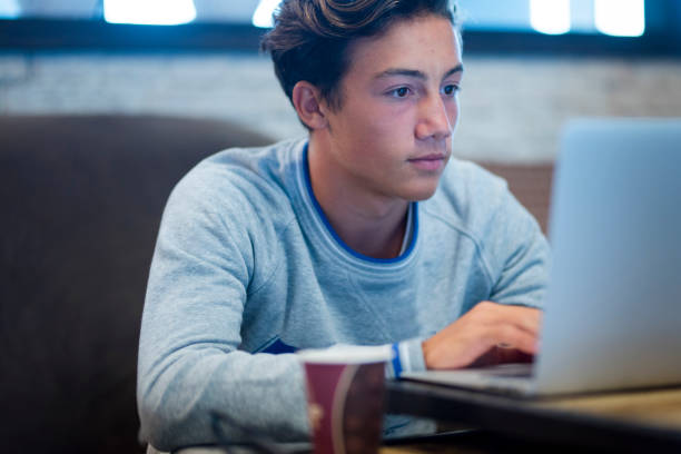 retrato de adolescente en casa usando su computadora portátil para ver videos o jugar juegos - un hombre trabajando en la oficina con su computadora - teenage boys adolescence teenager teenagers only fotografías e imágenes de stock