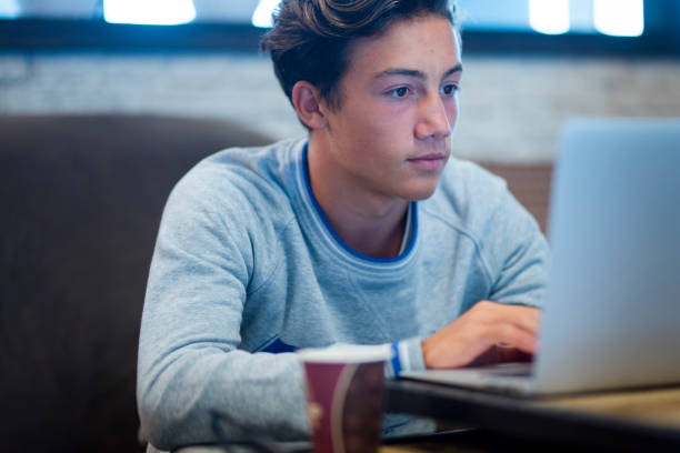 портрет подростка дома с помощью ноутбука для просмотра видео или игры - один человек, работающий в офисе со своим компьютером - teenagers only early teens adolescence teenager стоковые фото и изображения