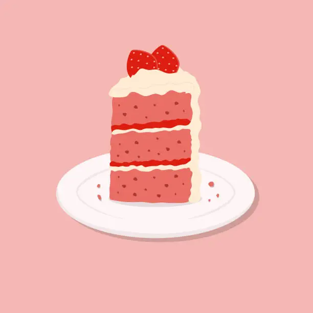 Vector illustration of Colorful sweet cake slice. A piece of cake for happy birthday, weddings, celebrations, greeting, valentine's day invitation cards. Cute strawberry cake on plate. Vector illustration in flat style.