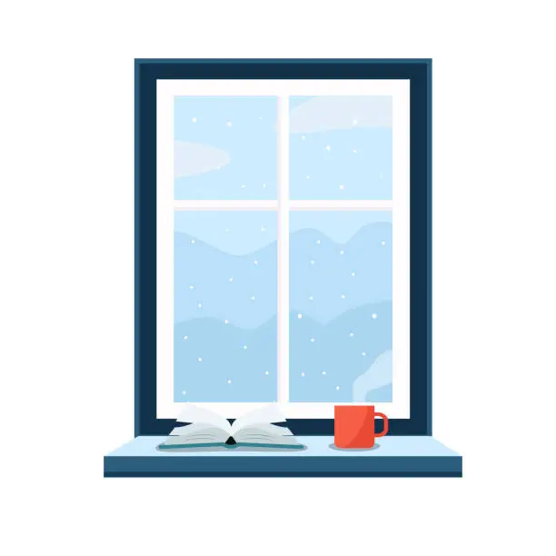 Vector illustration of Window with winter landscape outside with mountains and snow concept. Inside the warm house with the cup of tea, coffee or hot chocolate on window sill, looking through the window. Vector illustration