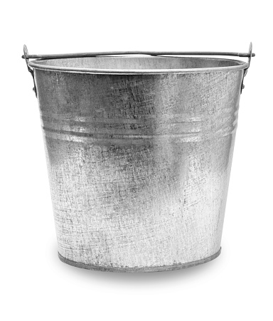 Old galvanized metal bucket isolated on a white background in close-up. PNG file with transparent background.