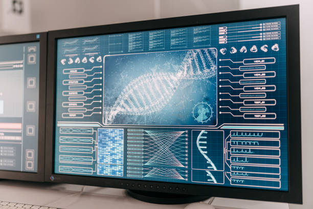 istock Futuristic laboratory interior. Studying DNA sequences on screens 1295062456