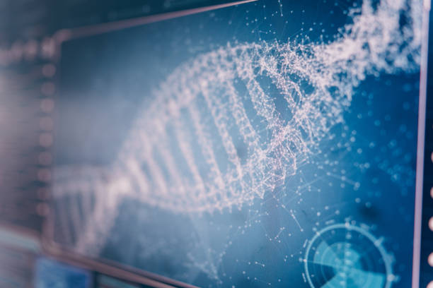 istock Futuristic laboratory interior. Studying DNA sequences on screens 1295062551