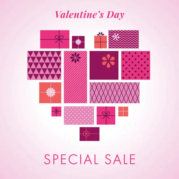 Vector illustration of Happy Valentines Day background with love hearts and gift boxes. Valentine`s day sale template.