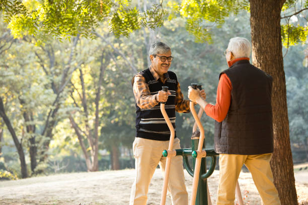 Senior friends exercising at open air gym Two senior male friends exercising on cross trainer at park Cardiovascular exercise stock pictures, royalty-free photos & images