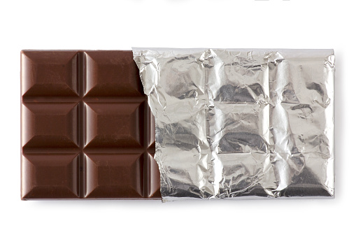 Chocolate Bar, Silver Foil, White Background