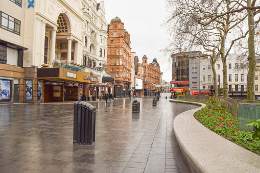 London, United Kingdom - January 5 2021: Daytime view of an empty Leicester Square, during the third national coronavirus lockdown in England.
