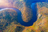 Beautiful view of Vltava river from Maj viewpoint. Czech Republic, Krnany, Europe. Maj viewpoint next to Prague in central Bohemia, Czech Republic. Aerial view of incredible Vyhlidka Maj.