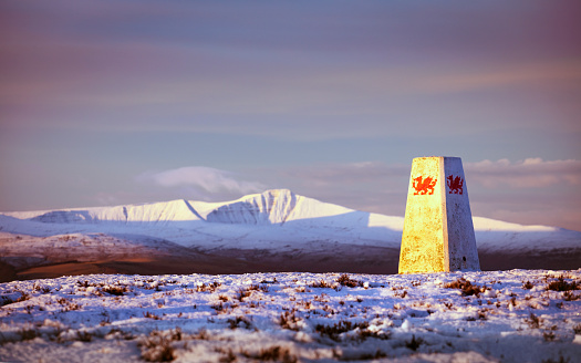 Welsh dragon monument with snow and mountain backdrop - Brecon, Wales