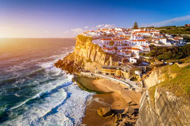 Azenhas do Mar is a seaside town in the municipality of Sintra, Portugal. Close to Lisboa. Azenhas do Mar white village, cliff and ocean, Sintra, Portugal. Azenhas Do Mar, Sintra, Portugal.