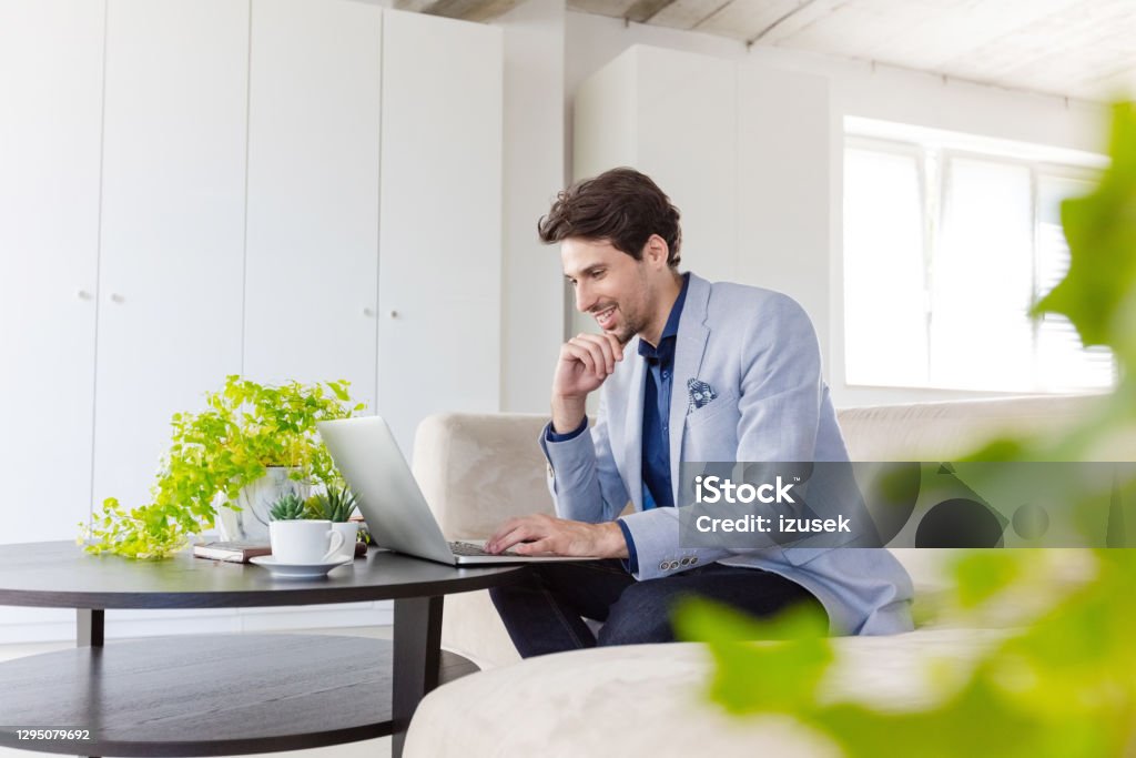 Businessman working on laptop in the green office Mid adult men wearing grey jacket sitting on sofa in the creative workplace and using laptop. Environmental Conservation Stock Photo