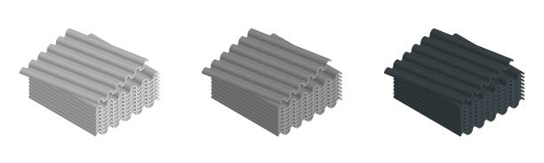 Metal roof, metal siding, profiled sheeting for covering or fencing. Galvanized iron isometric sheets, vector icons. Corrugated roofing sheets isolated on white background. Black and white wavy slate. Metal roof, metal siding, profiled sheeting for covering or fencing. Galvanized iron isometric sheets, vector icons. Corrugated roofing sheets isolated on white background. Black and white wavy slate. zinc stock illustrations