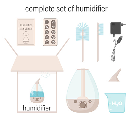 Complete set of humidifier. Box, instructions, container, lid, brushes, electric cord, control panel. A set of elements on the theme of the mist diffuser. Vector illustration. Isolated on white