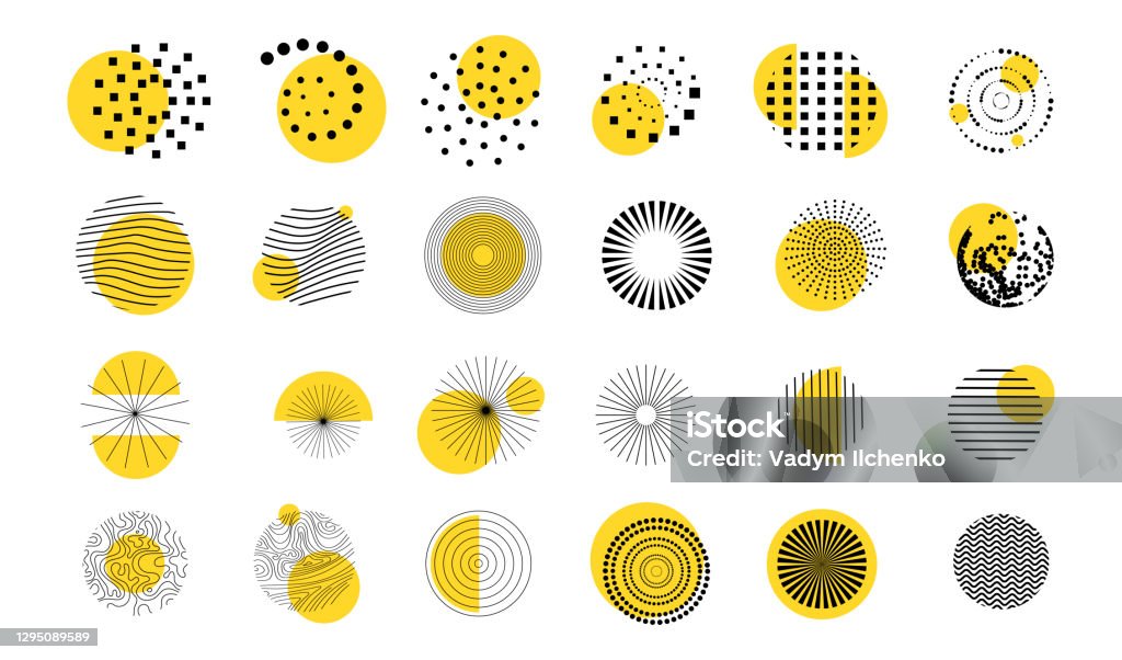 Vector illustration. Minimalist flat design elements for poster, book cover, frame, gift card. Abstract circle shapes collection with line art wavy pattern. Dots halftone. Yellow and black color - Royalty-free Círculo arte vetorial