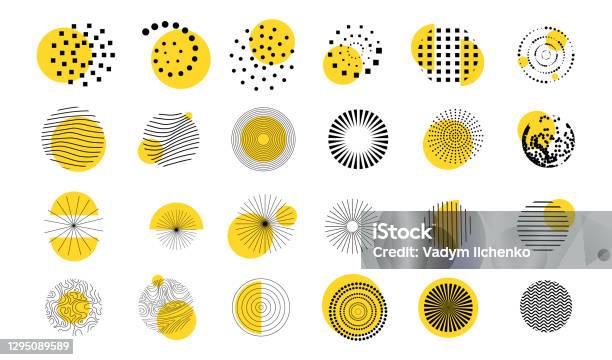 Vector Illustration Minimalist Flat Design Elements For Poster Book Cover Frame Gift Card Abstract Circle Shapes Collection With Line Art Wavy Pattern Dots Halftone Yellow And Black Color - Arte vetorial de stock e mais imagens de Círculo