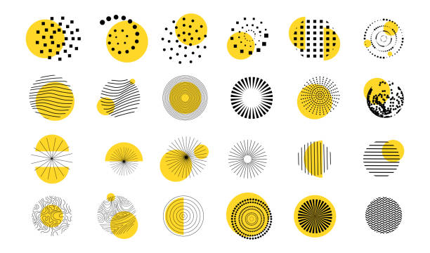 Vector illustration. Minimalist flat design elements for poster, book cover, frame, gift card. Abstract circle shapes collection with line art wavy pattern. Dots halftone. Yellow and black color Vector illustration. Minimalist flat design elements for poster, book cover, frame, gift card. Abstract circle shapes collection with line art wavy pattern. Dots halftone. Yellow and black color material illustrations stock illustrations