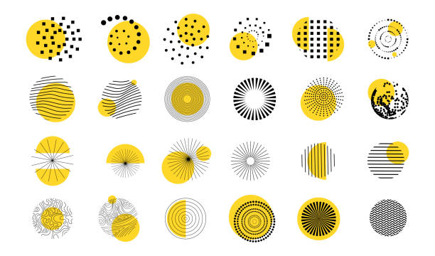 Vector illustration. Minimalist flat design elements for poster, book cover, frame, gift card. Abstract circle shapes collection with line art wavy pattern. Dots halftone. Yellow and black color Vector illustration. Minimalist flat design elements for poster, book cover, frame, gift card. Abstract circle shapes collection with line art wavy pattern. Dots halftone. Yellow and black color circle pattern background vector stock illustrations